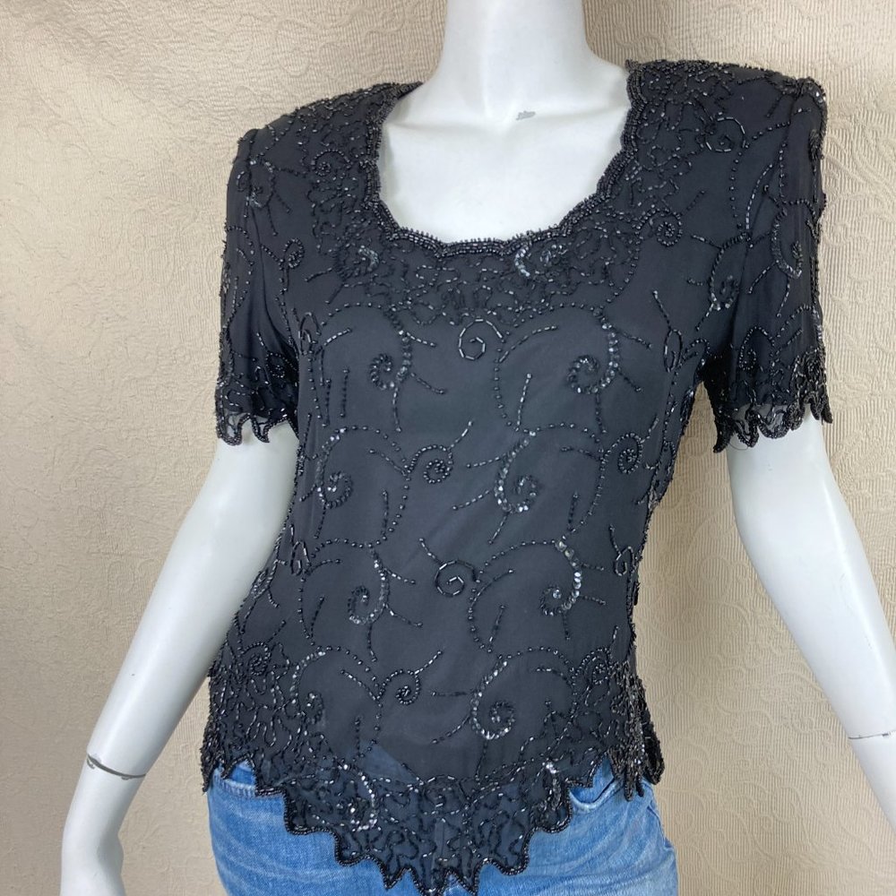 Laurence Kazar Blouse Beaded Sequined Silk Formal PM